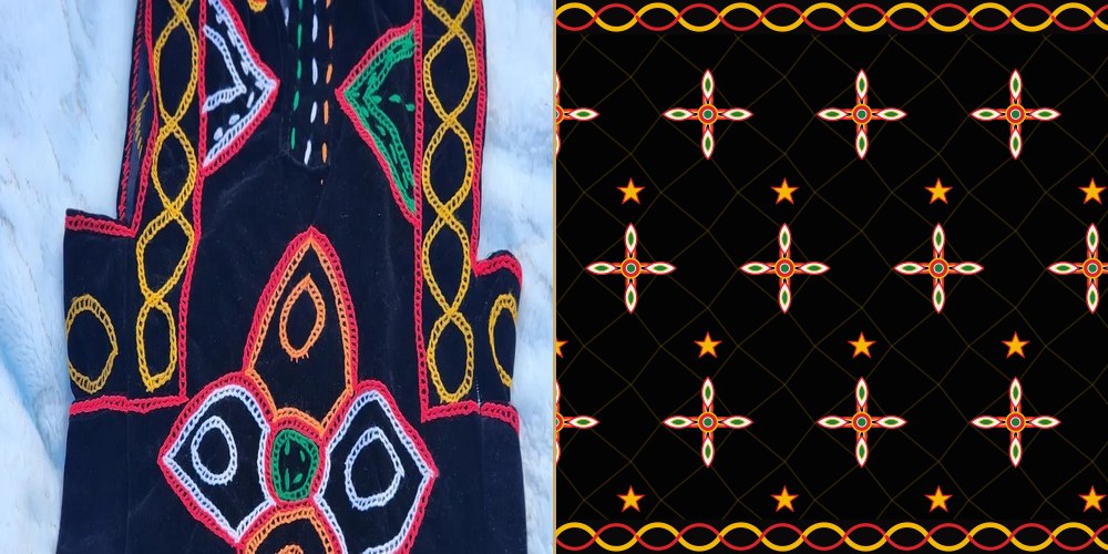 À gauche la tunique brodée à la main à Bamenda, à droite le motif qui en est relevé