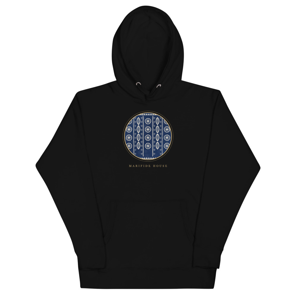 Indigo Signature Hoodie — le motif tel qu'il part à l'impression